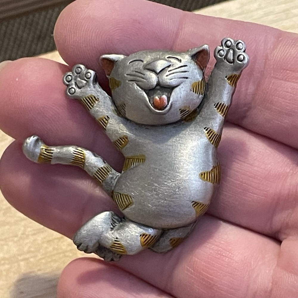 Vintage 1990s JJ Jonette Jewelry Pewter Tone Cat Brooch Happy Kitty Pin Orange - Picture 8 of 9